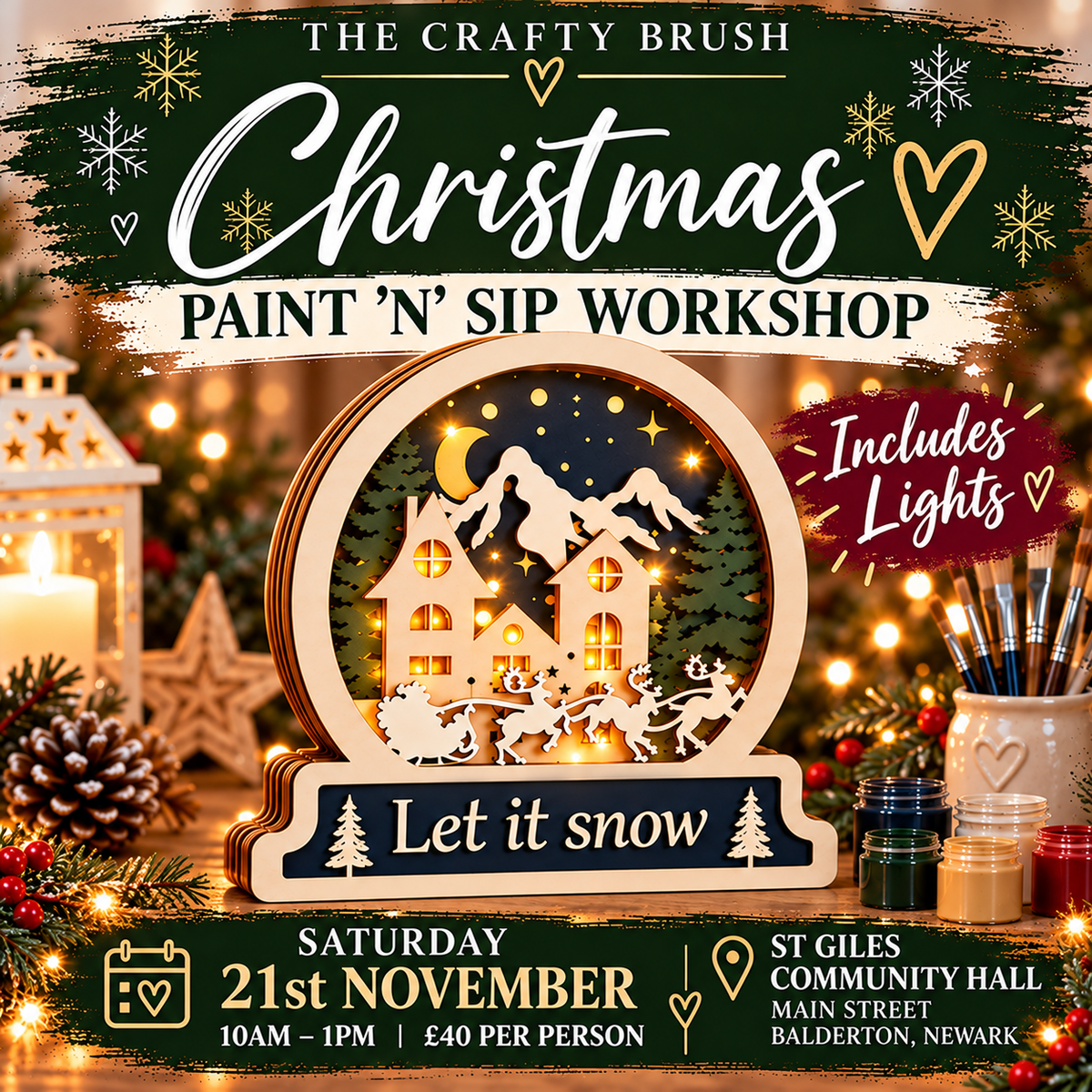 Christmas Paint n Sip Workshop, St Giles Church Hall, Balderton, Newark. Saturday 21st November 10am -1pm.